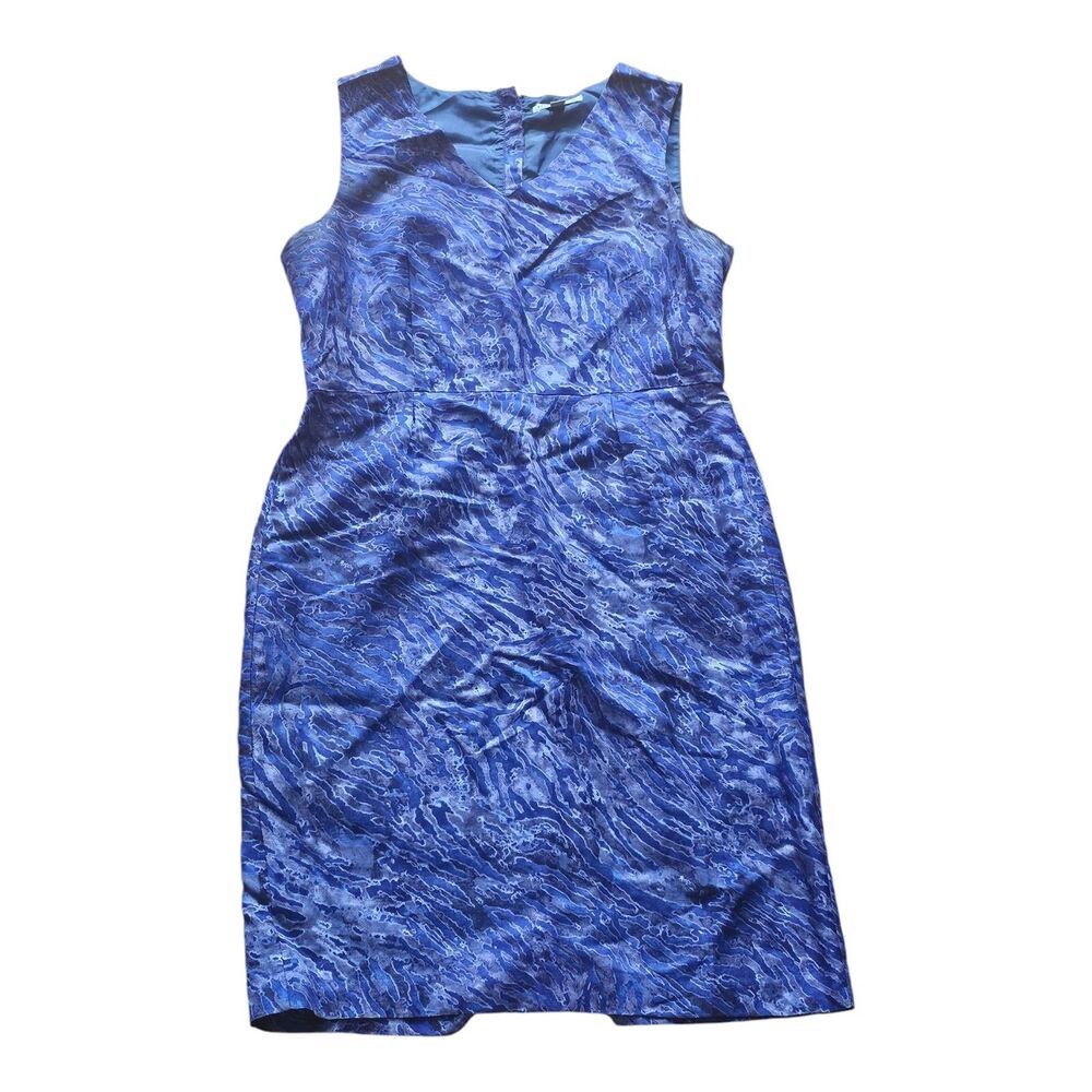 Banana Republic Blue Purple Abstract Print V-Neck Zip Sheath Dress Size 14 Linen